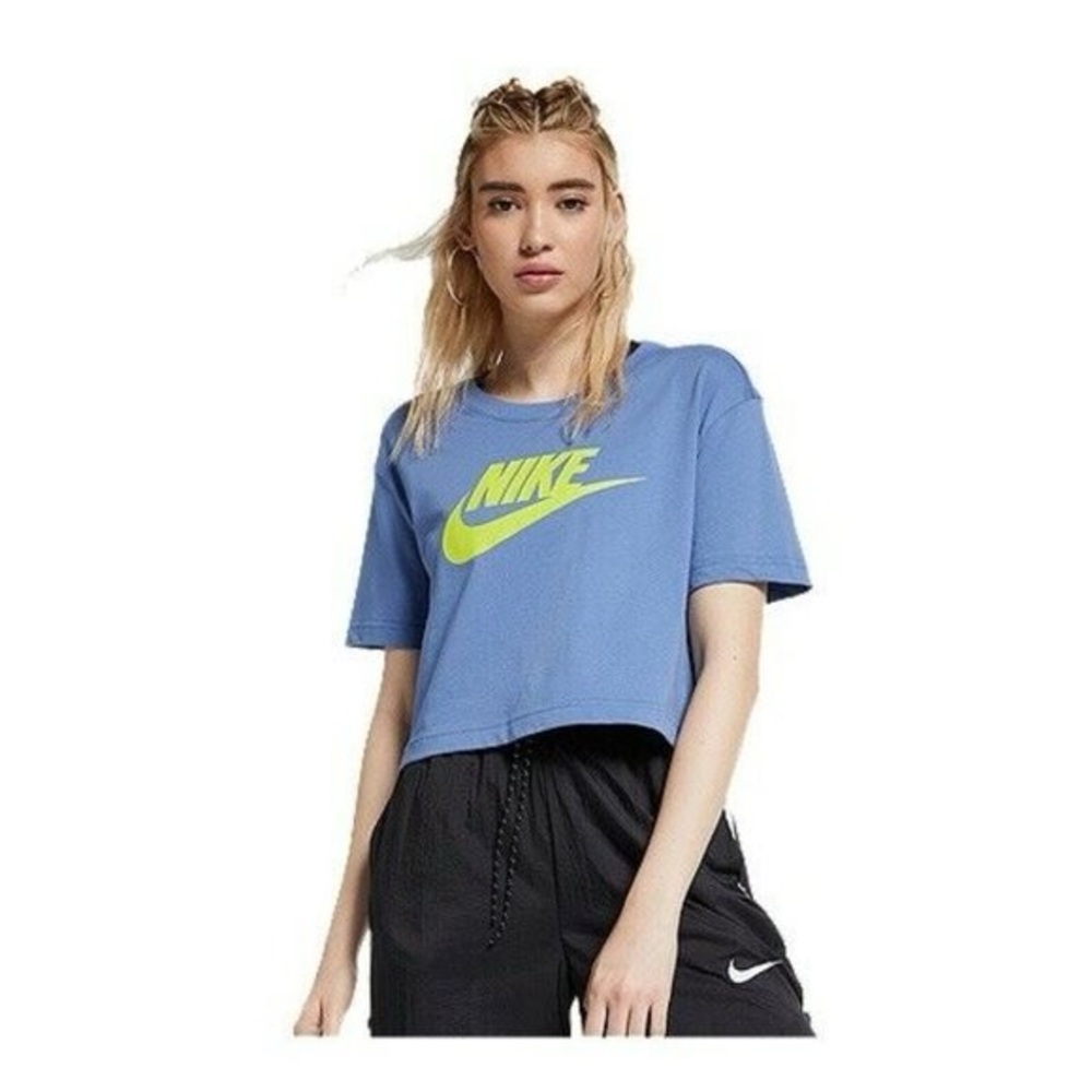Nike Women's Blue and Neon Green Logo Crop Tee